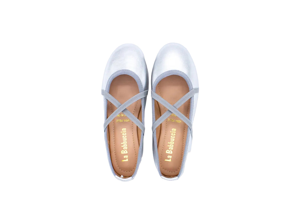 Silver leather ballet flats with crossed elastics