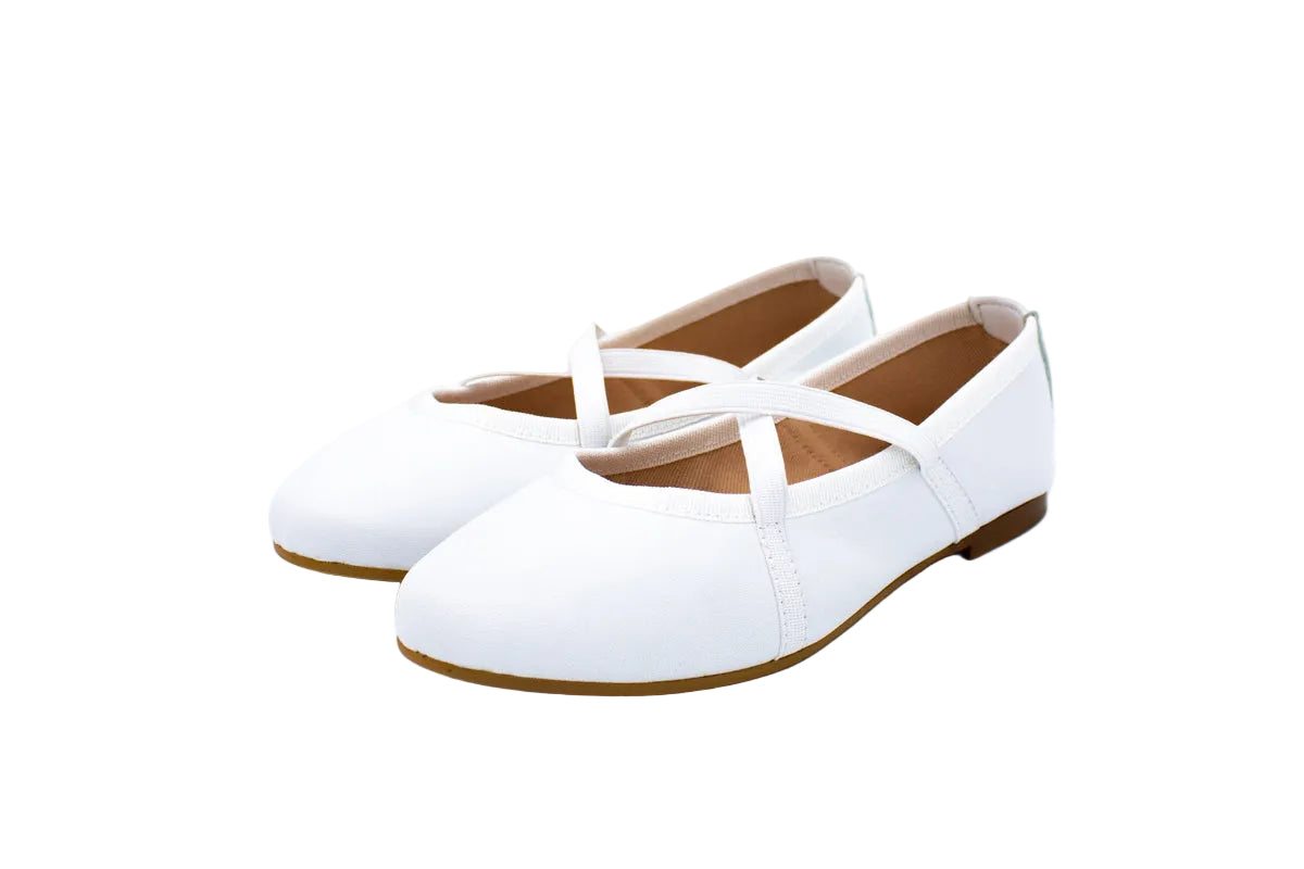 White leather ballet flats with crossed elastics
