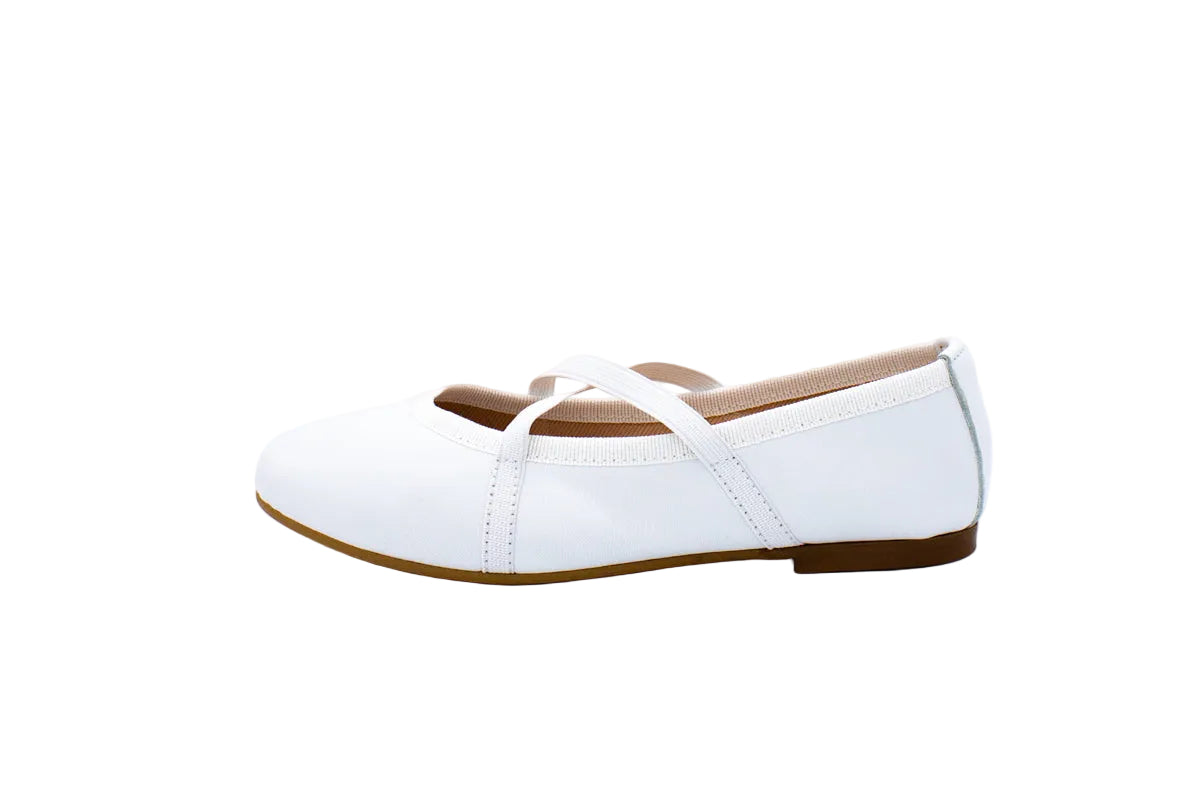 White leather ballet flats with crossed elastics