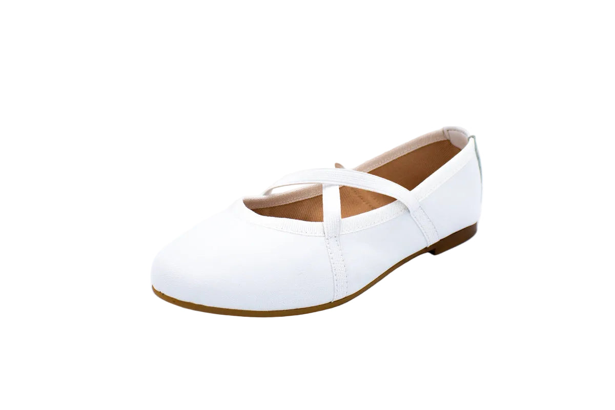 White leather ballet flats with crossed elastics