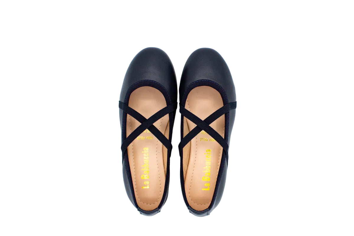 Ballerine in pelle con elastici incrociati blu