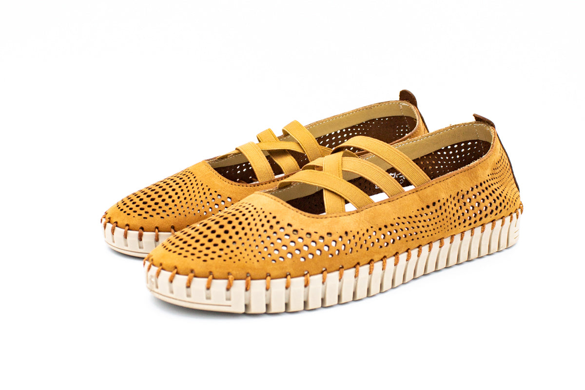 Perforated nubuck ballet flats with elastic straps