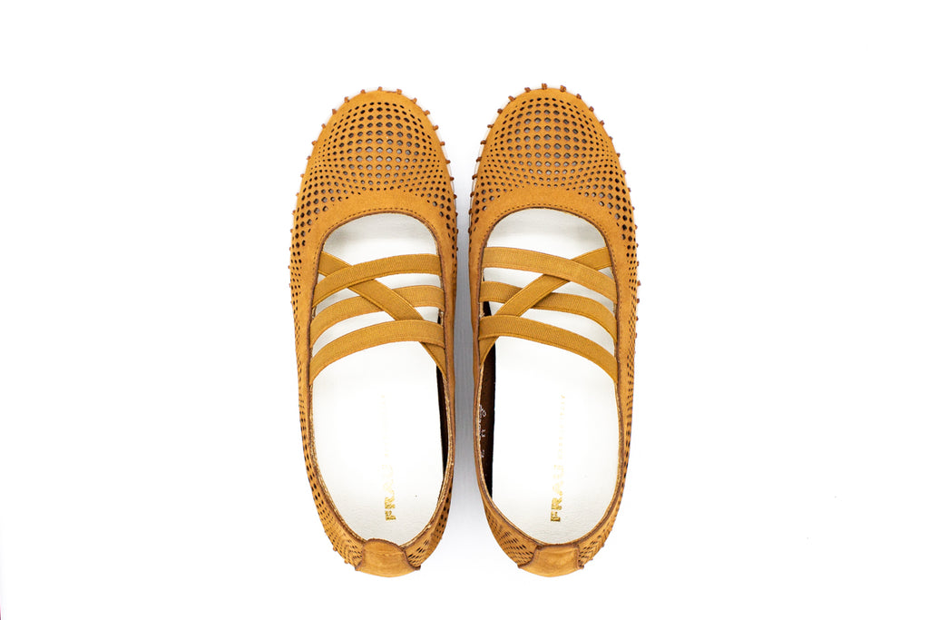 Perforated nubuck ballet flats with elastic straps