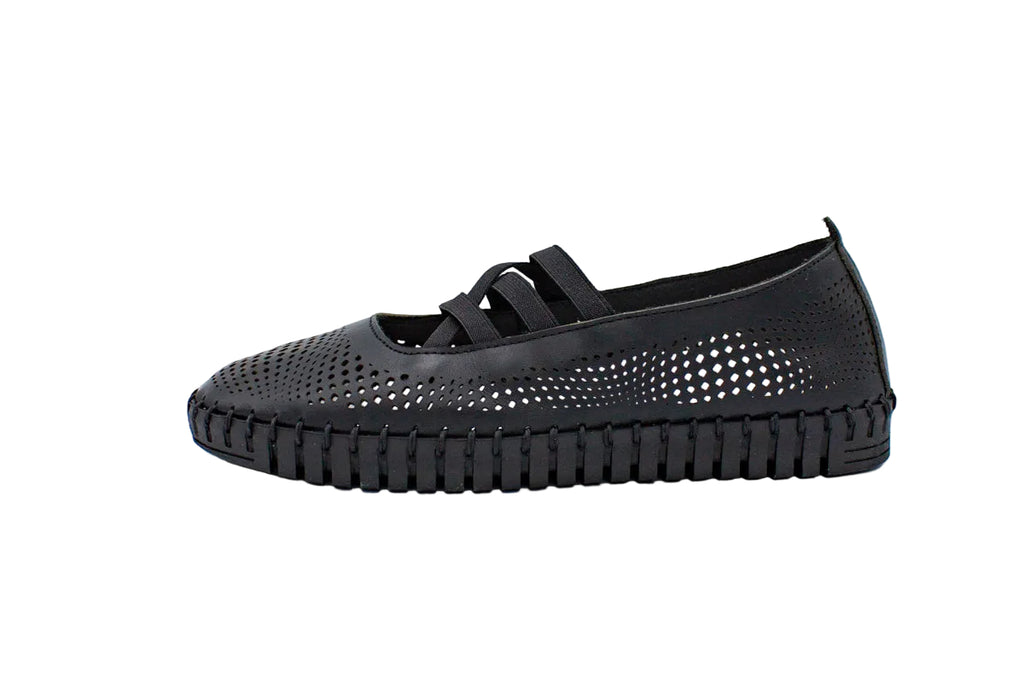 Ballerine traforate in pelle con elastici nero