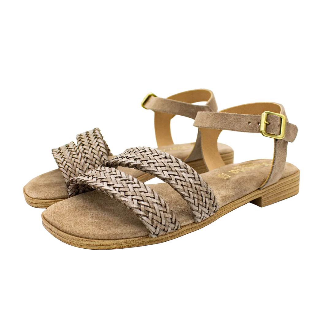 Sandali bassi donna in pelle intrecciata tortora taupe