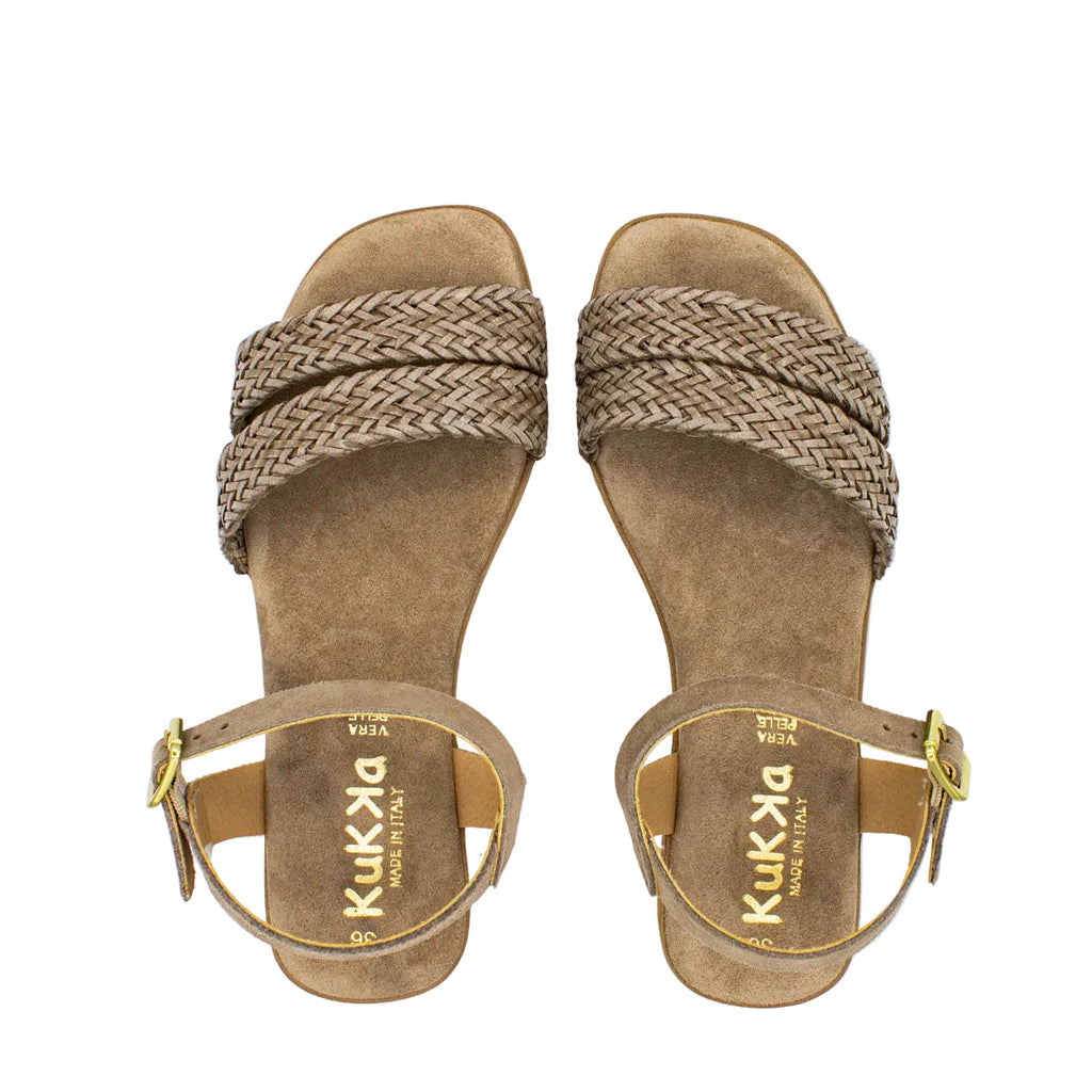 Sandali bassi donna in pelle intrecciata tortora taupe