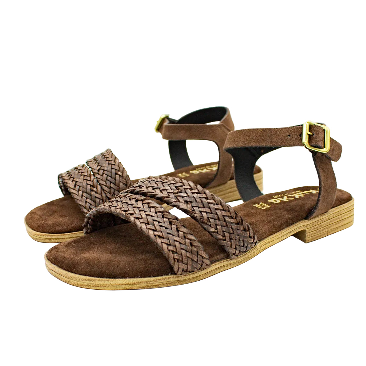 Sandali bassi donna in pelle intrecciata marrone testa di moro