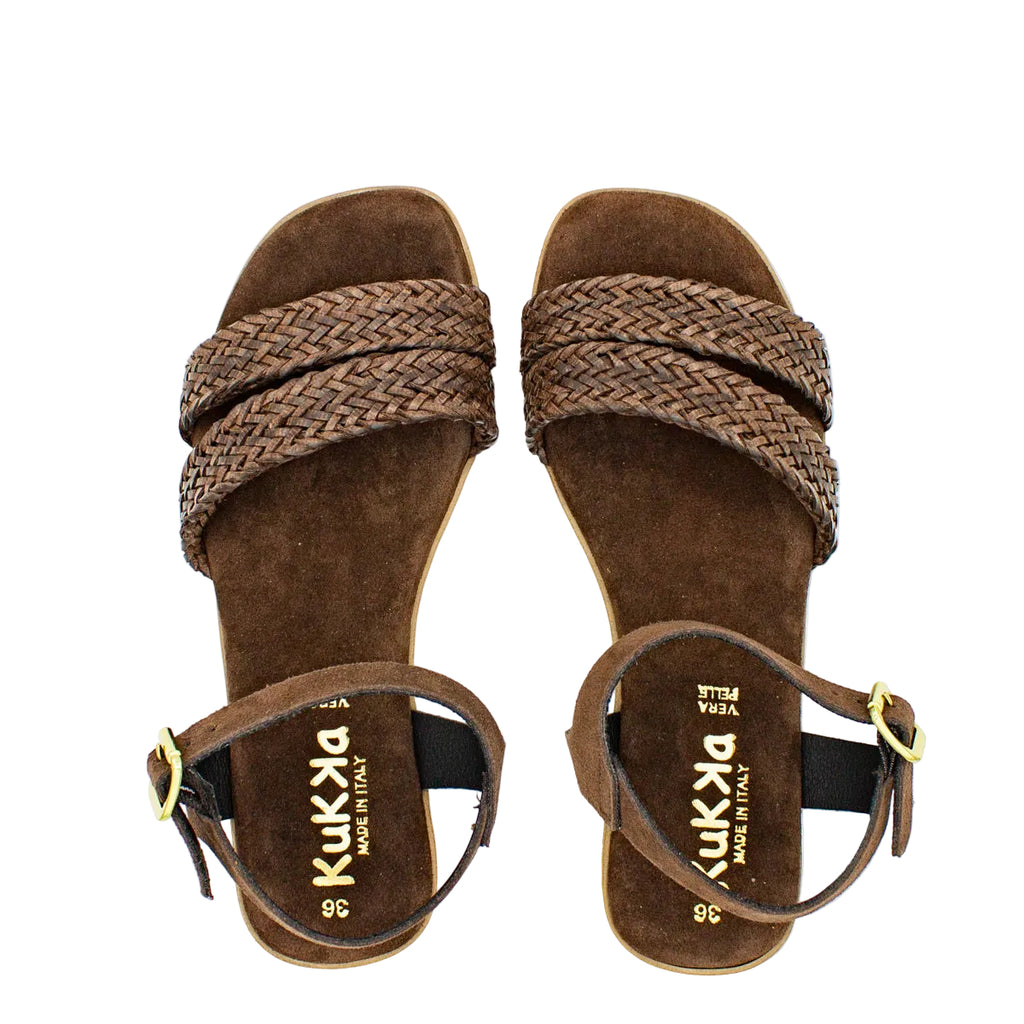 Sandali bassi donna in pelle intrecciata marrone testa di moro