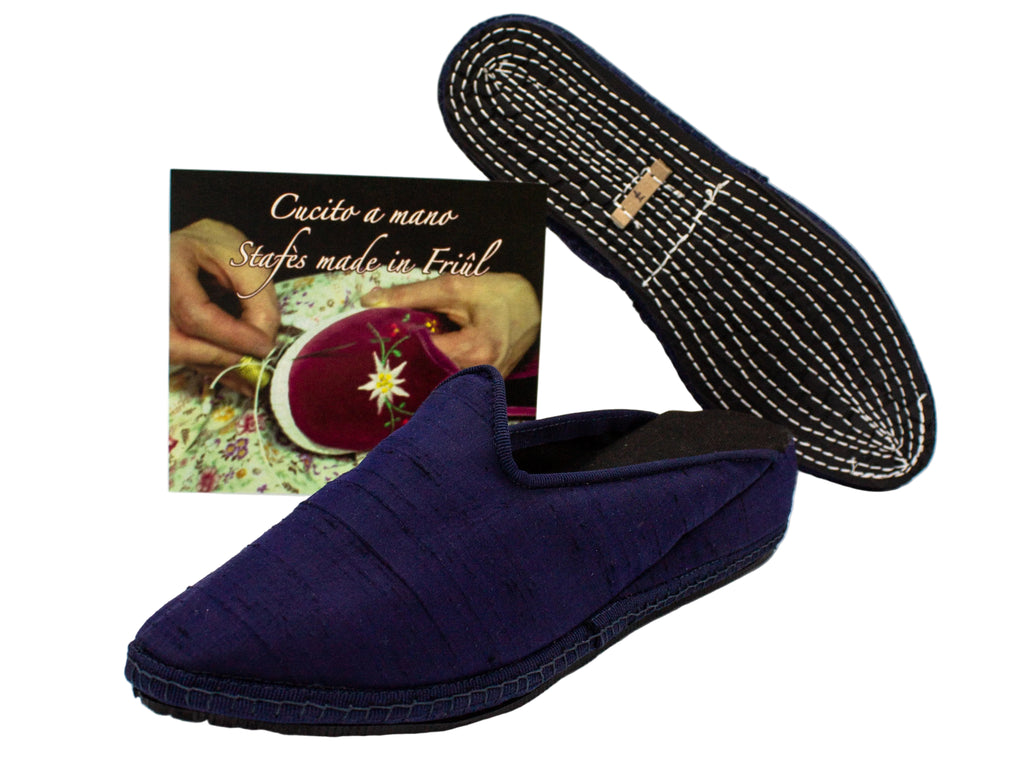 Blue silk wedge clogs