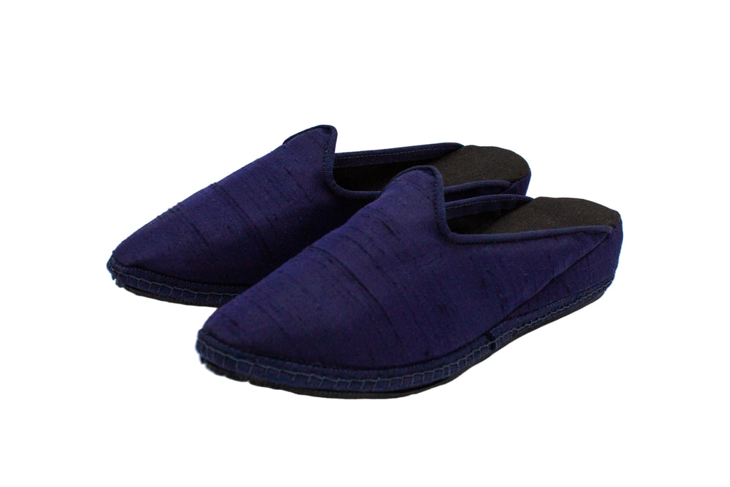 Blue silk wedge clogs