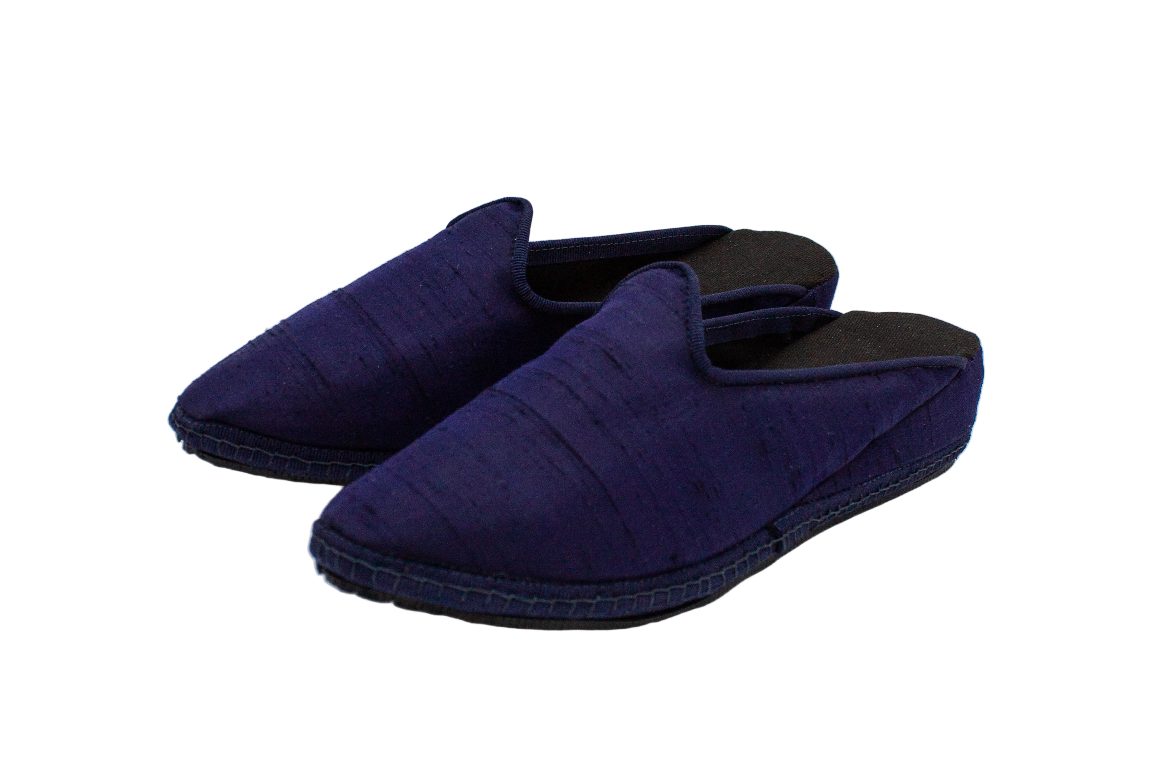 Blue silk wedge clogs