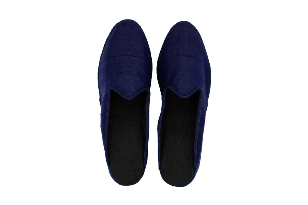 Blue silk wedge clogs