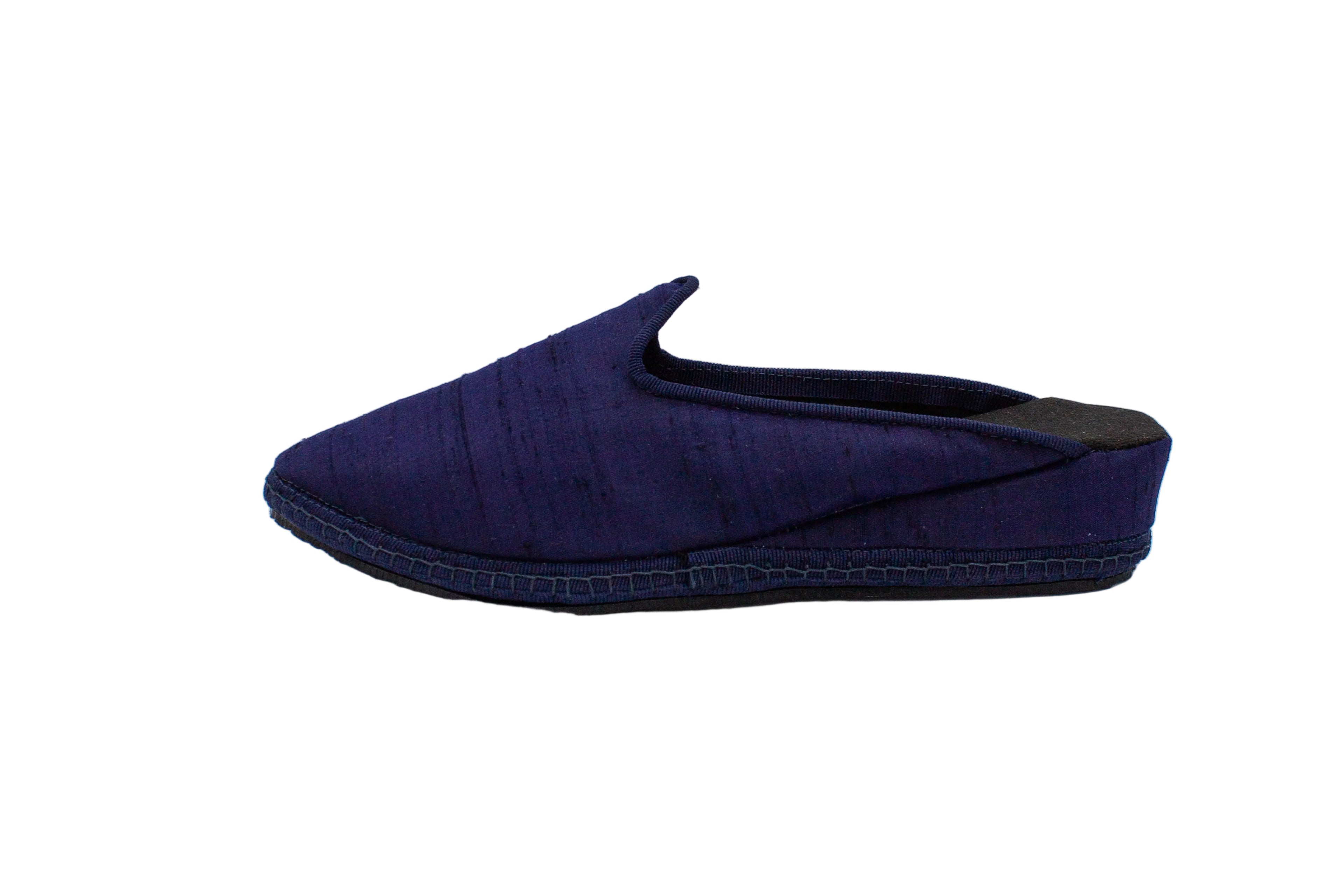 Blue silk wedge clogs