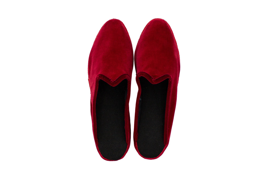 Red velvet wedge clogs