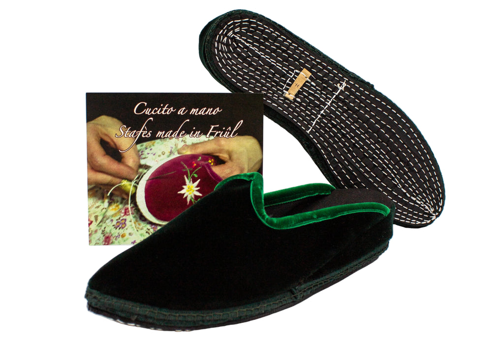 Green velvet wedge clogs