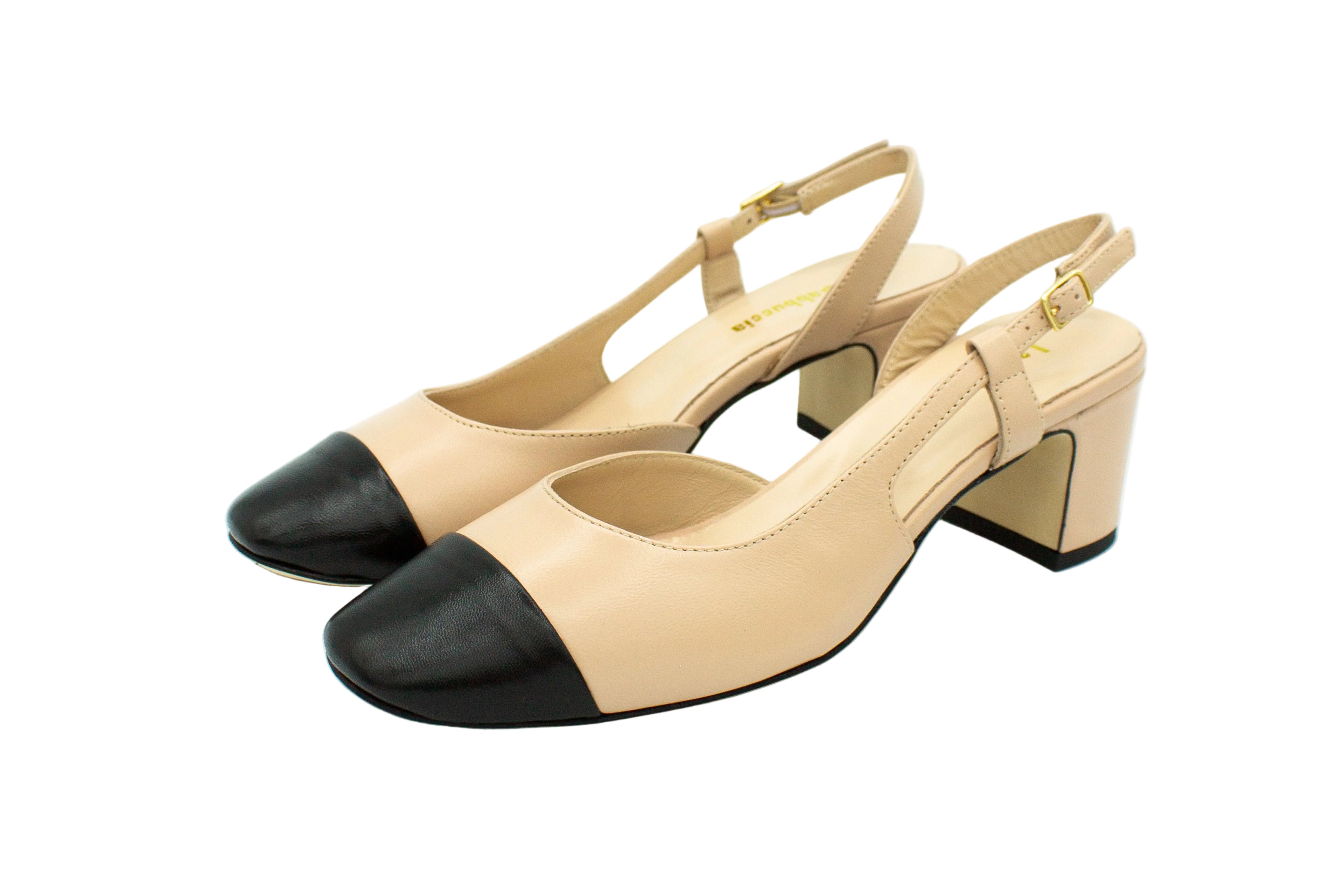 Slingback in pelle con punta a contrasto cipria nero
