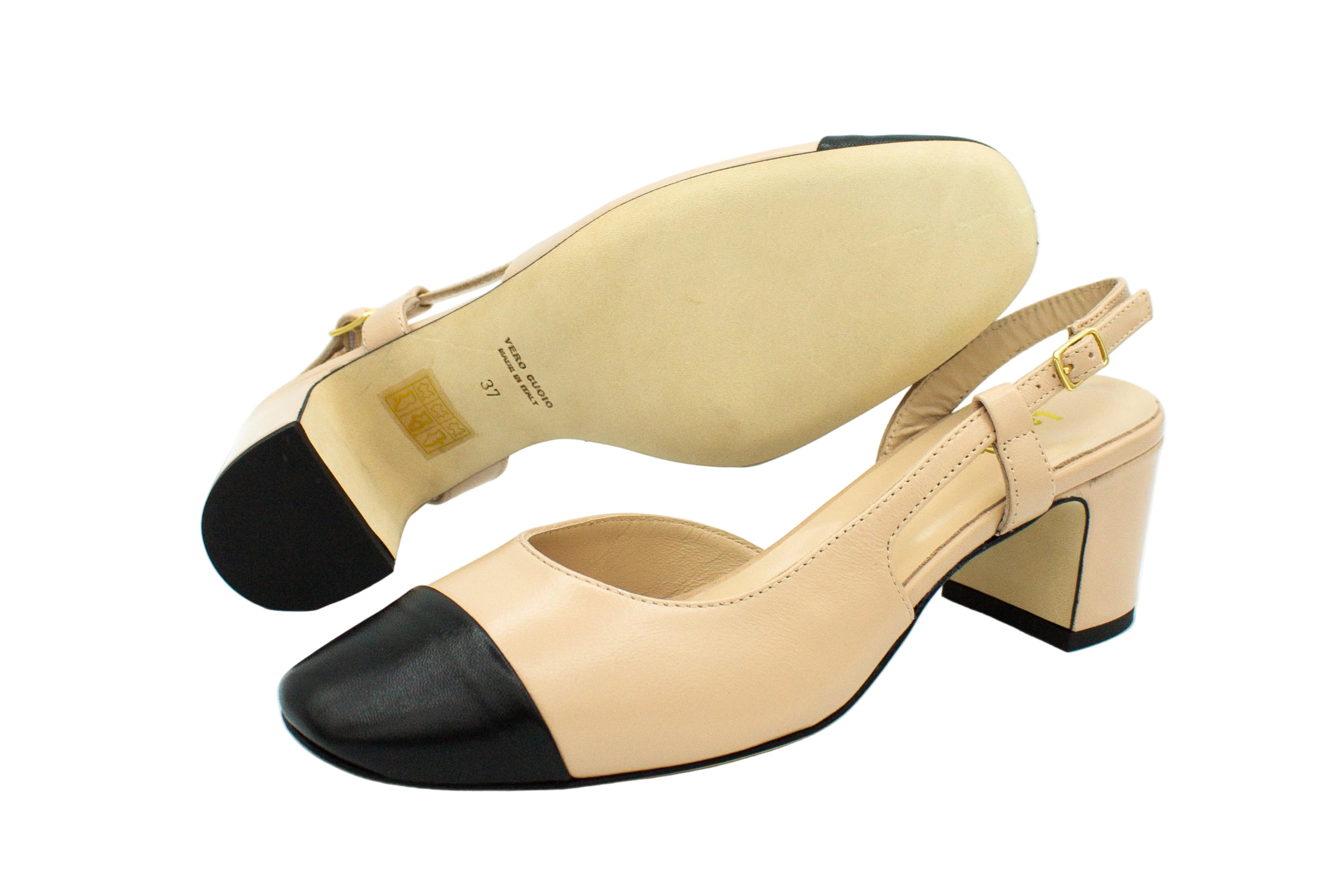 Slingback in pelle con punta a contrasto cipria nero