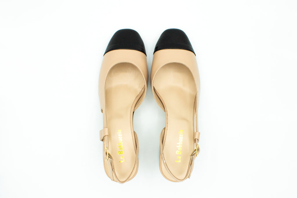 Slingback in pelle con punta a contrasto cipria nero