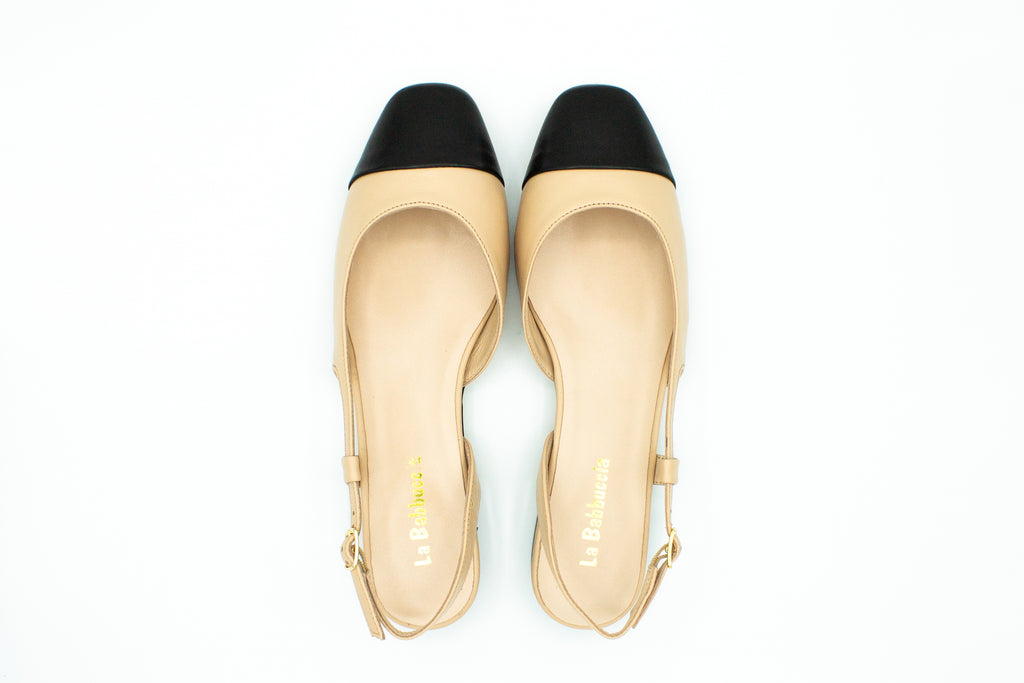 Slingback in pelle con punta a contrasto cipria nero